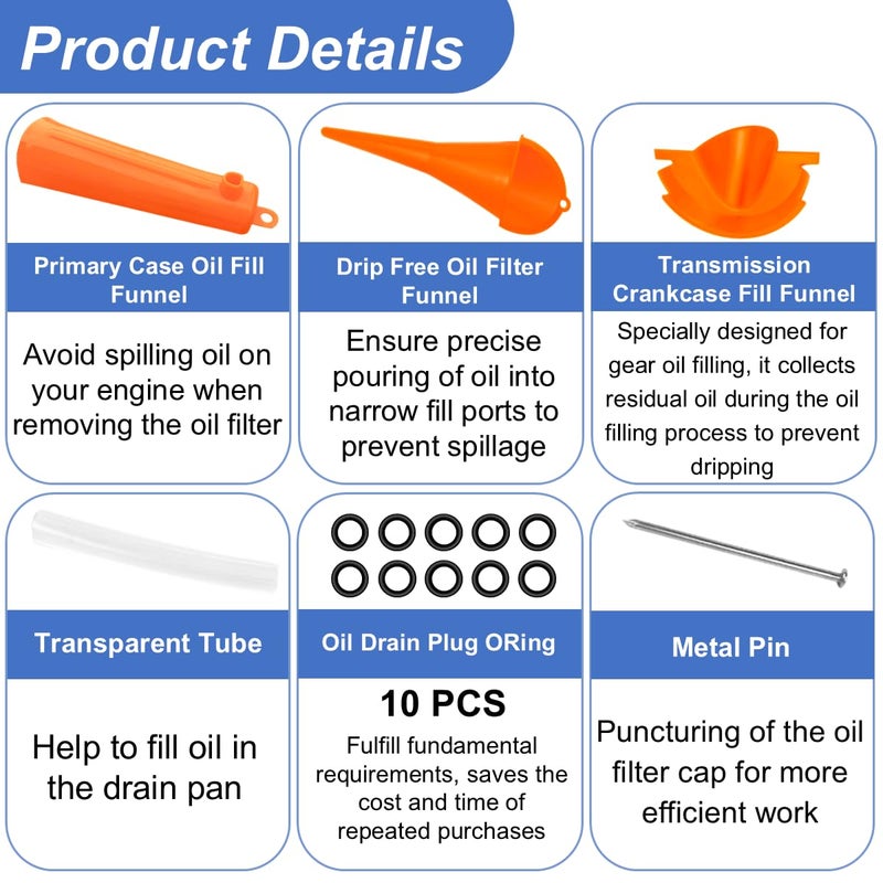 Shonee Oil Change Tool Kit for Harley Davidson Accessories,Oil Filter Wrench,Crankcase Fill Tool,Primary Case Funnel,Drip-Free Oil Filter Funnel,10PCS O-Rings - Image 2